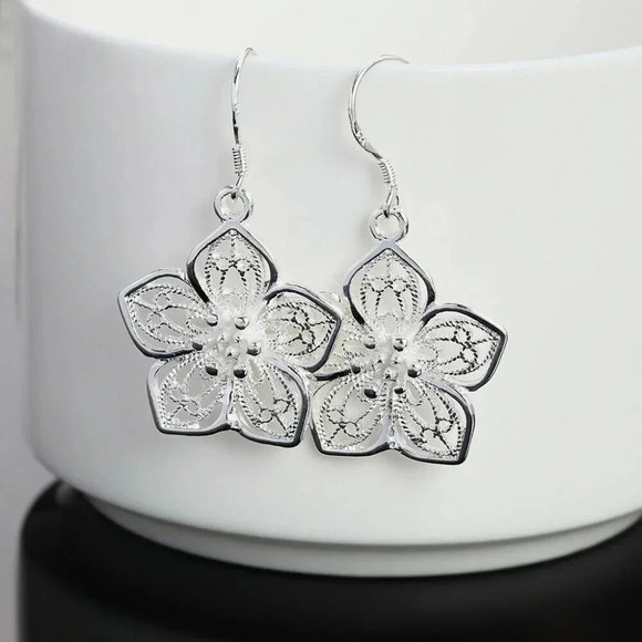925 Sterling Silver Flower Dangle Drop Earrings - Picture 3 of 5